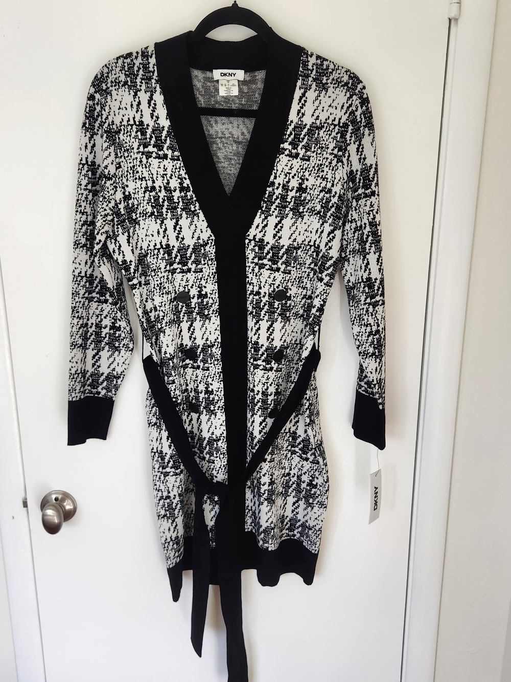 DKNY Black & White Houndstooth Knit Belted Sweater Dresd